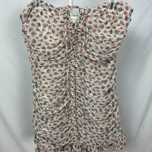 Zara Ruched Pink Blue Floral Mini Dress Ruffles Strapless Zip Up Size L